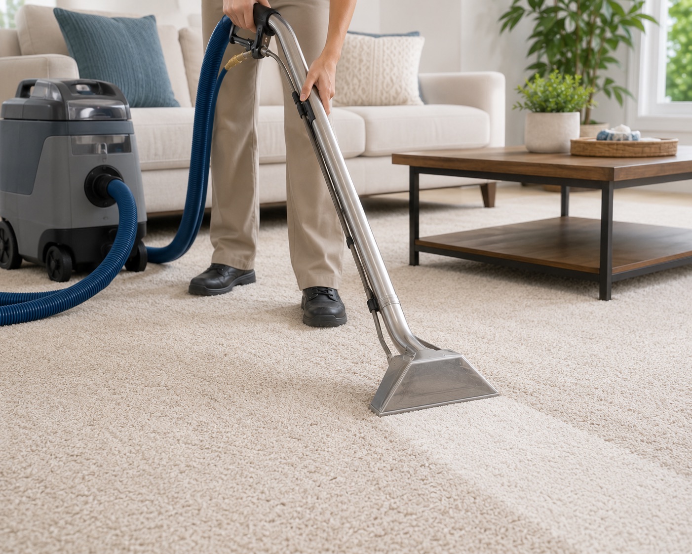 technician cleaning carpet with hot water extraction, steam cleaning carpet